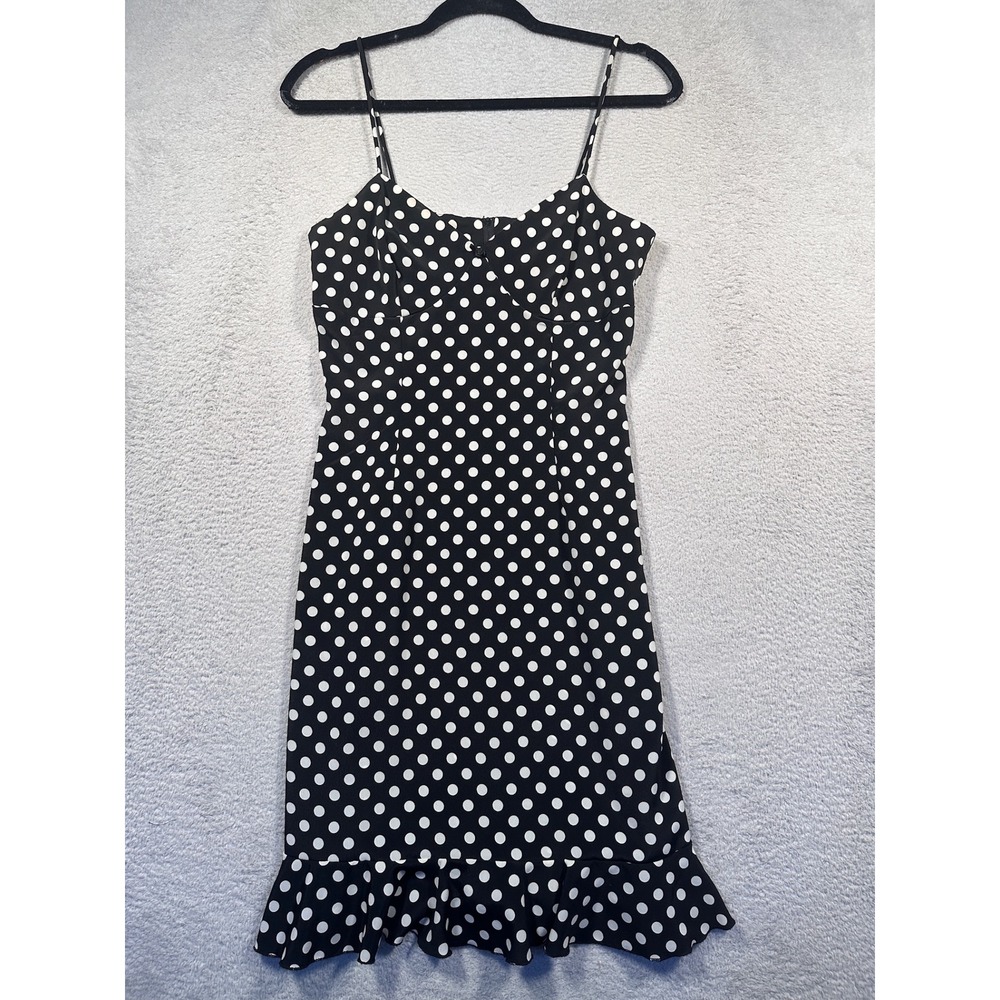 Vintage La Belle Black White Polka Dot Dress Spaghetti Strap Ruffle Hem Size 5